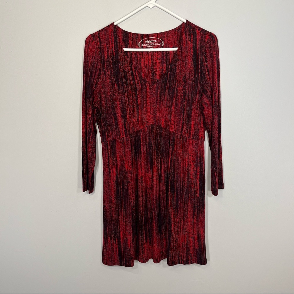 Soma Dress Womens Small Red Black Pattern Soft A-line V-Neck Lounge Wear Comfy